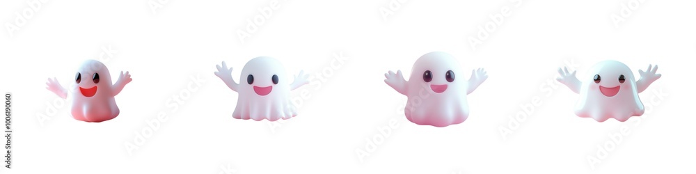 3D set of Four playful ghost figures with cheerful expressions on a white isolated background, perfect for Halloween-themed decorations or fun children's activities. 3D set of Four playful ghost figures with cheerful expressions on a white isolated background, perfect for Halloween-themed decorations or fun children's activities.
