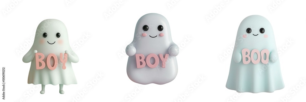 3D set of Three cute ghost figures with playful expressions, featuring pink letters 'BOY' and 'BOO.' Ideal for Halloween decorations and festive themes. 3D set of Three cute ghost figures with playful expressions, featuring pink letters 'BOY' and 'BOO.' Ideal for Halloween decorations and festive themes.