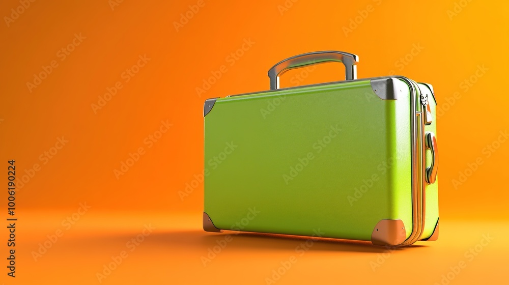 Bright Green Suitcase on Orange Background Bright Green Suitcase on Orange Background