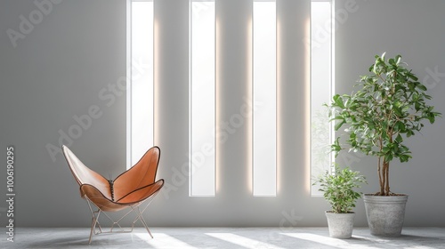 A light gray room with a butterfly chair and a potted money tree A trio of tall, narrow windows illuminates the space photo