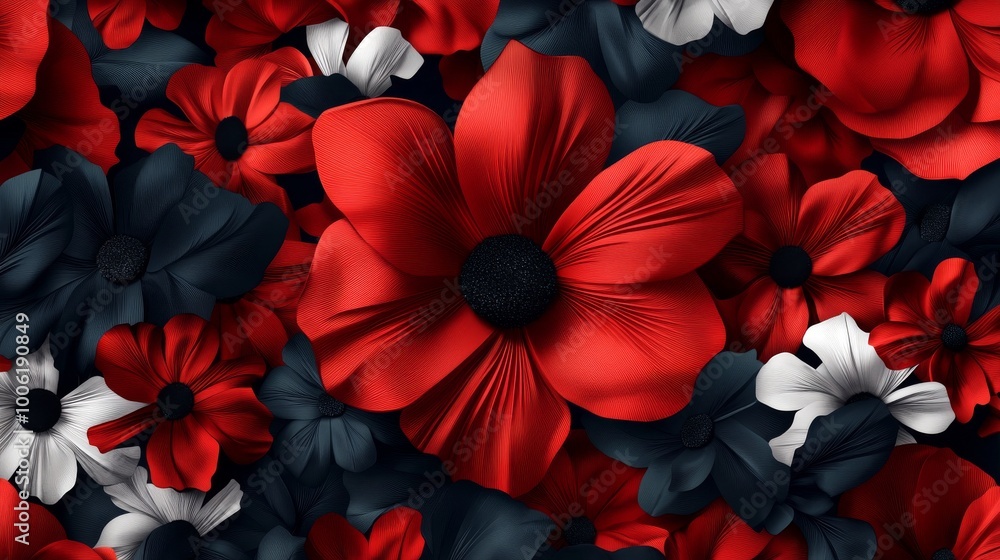 Obraz premium Vibrant Red, Black, and White Floral Pattern with Bold Poppy Flowers in Full Bloom