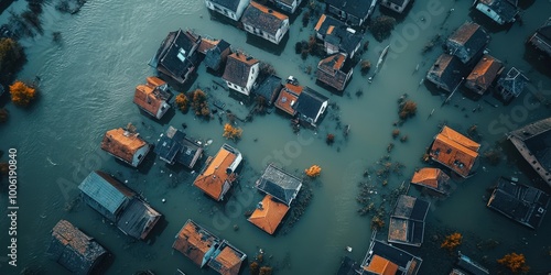 Aerial View of Flooded City Streets and Submerged Houses