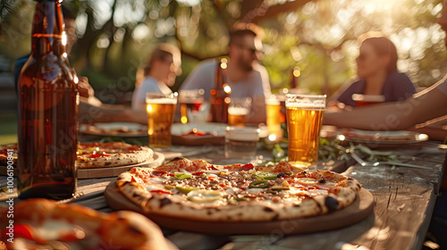 Friends enjoying pizza and beer at an outdoor gathering. Multiple pizzas with various toppings are spread across a large wooden picnic table, alongside chilled beer bottles