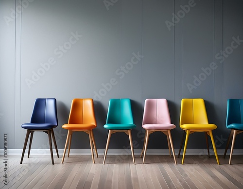 modern design of chairs in various colors artfully arranged in front of a gradient gray wall. This composition highlights the chairs' aesthetic appeal and their potential to enhance interior spaces.