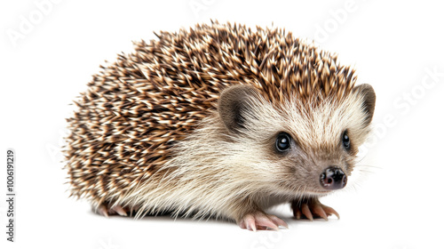 Curious hedgehog sitting quietly on a white surface in a bright, minimalistic...