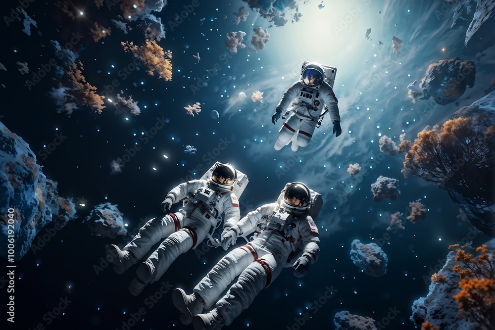 Drei Astronauten im Weltall - KI generierte Illustration Drei Astronauten im Weltall - KI generierte Illustration