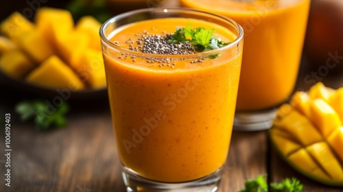 A refreshing orange smoothie blends carrots, ginger, and mango, garnished with herbs and chia seeds, showcasing a vibrant, healthy beverage on a light wooden background