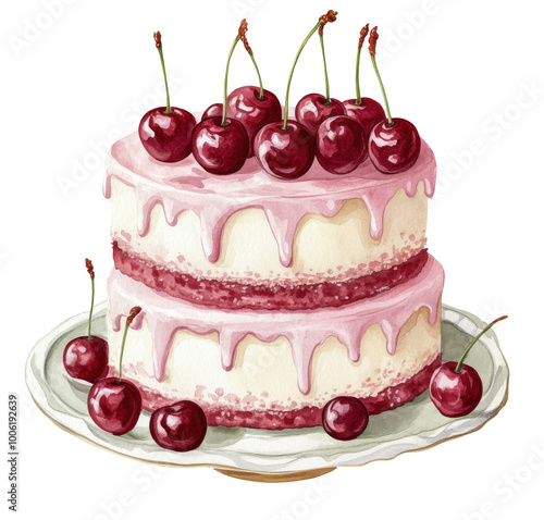 Delicious two-tier cake topped with cherries and adorned with pink ribbons on...