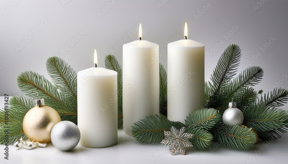 white candles nestled among green fir branches, accented with subtle Christmas decorations. elegant arrangement against a clean white background, leaving plenty of room for adding your holiday message white candles nestled among green fir branches, accented with subtle Christmas decorations. elegant arrangement against a clean white background, leaving plenty of room for adding your holiday message