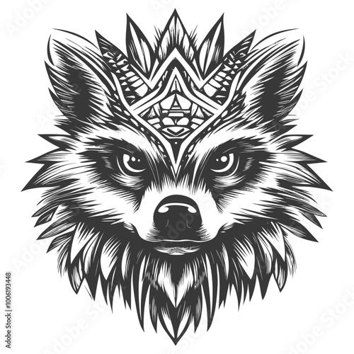 A black and white illustration of a fox head with a geometric pattern on its forehead