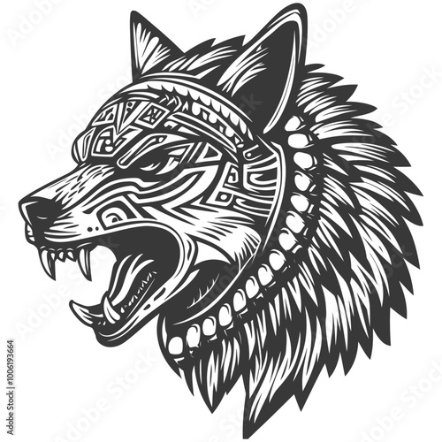 A black and white illustration of a snarling wolf with tribal patterns and feathers