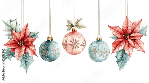 Festive holiday decorations featuring ornaments and greenery hanging on strings
