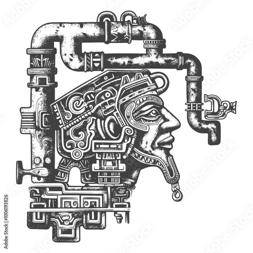 A black and white illustration of a stylized human head with Aztec or Mayan design