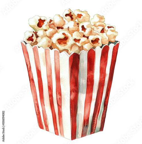 Freshly popped popcorn in a classic red and white striped container, perfect ...