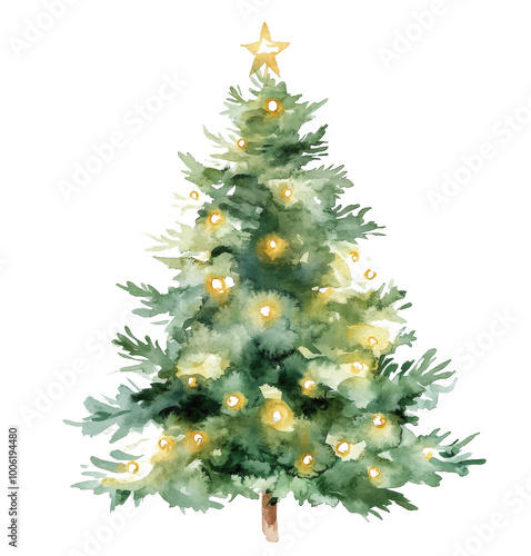 A festive watercolor Christmas tree adorned with lights and a golden star on top