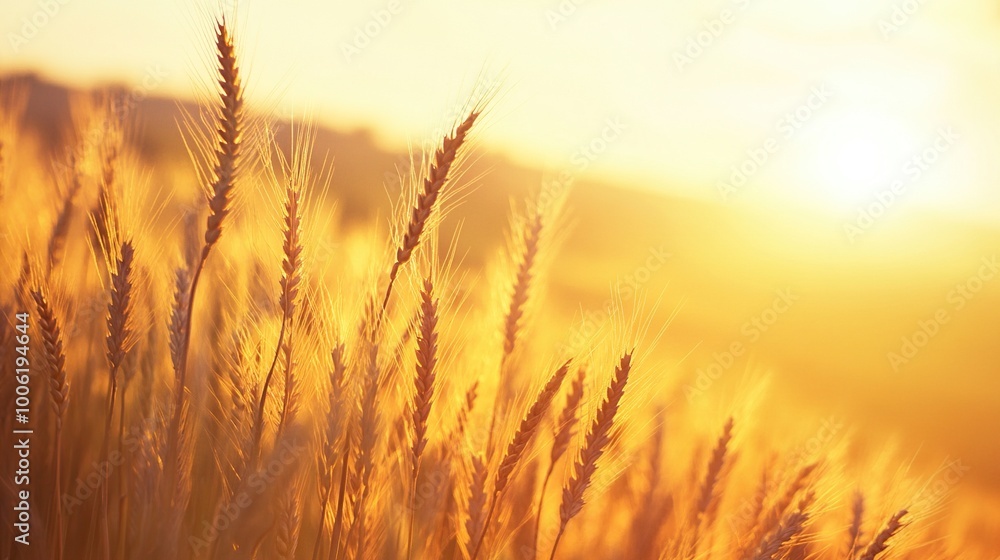 A detailed close-up panoramic view of golden wheat fields gently swaying in the breeze under a clear azure sky during a vibrant sunset. Warm sunlight casts a golden glow over the landscape. A detailed close-up panoramic view of golden wheat fields gently swaying in the breeze under a clear azure sky during a vibrant sunset. Warm sunlight casts a golden glow over the landscape.