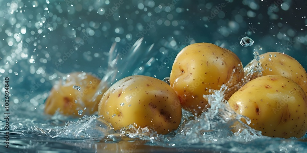 A group of potatoes are being splashed in water
A group of potatoes are being splashed in water