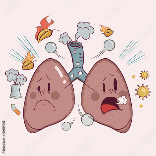 A cartoon illustration of unhealthy lungs exposed to toxins