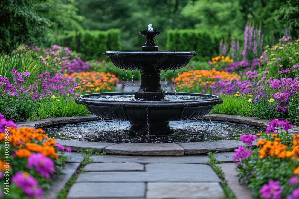 Stone Fountain in a Lush Garden Stone Fountain in a Lush Garden