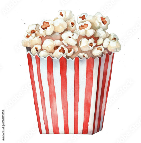 Freshly popped popcorn in a classic red and white striped container, perfect ...