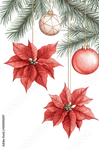 Festive decorations featuring poinsettias and ornaments hanging from evergree...
