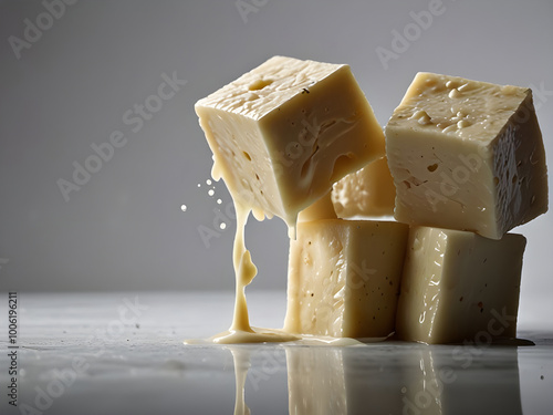 Square Chunks of Cod Meat Dropping Milks with White Background