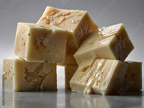 Square Chunks of Cod Meat Dropping Milks with White Background