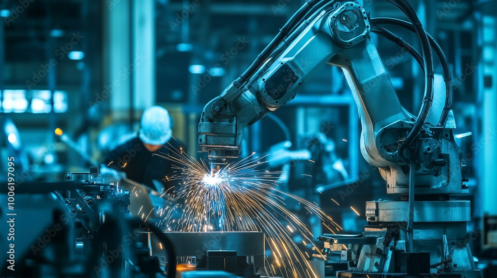 A robot is working in a factory A robot is working in a factory