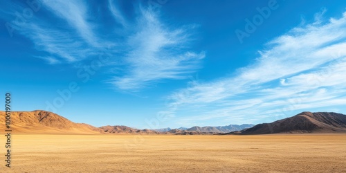 A serene desert landscape showcasing vast sand dunes under a blue sky with wispy clouds, perfect for nature photography.