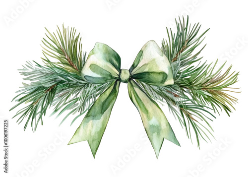 A vibrant watercolor illustration of holiday pine branches adorned with a sof...