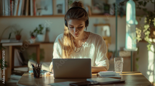 Photo of a girl sitting at a table and working on a laptop. Remote work and remote education concept. photo