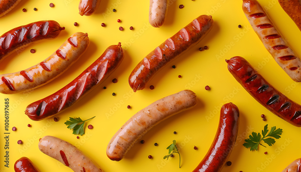 Many different tasty sausages on yellow background, flat lay. Banner design Many different tasty sausages on yellow background, flat lay. Banner design