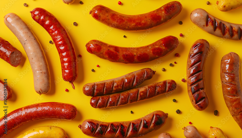 Many different tasty sausages on yellow background, flat lay. Banner design Many different tasty sausages on yellow background, flat lay. Banner design