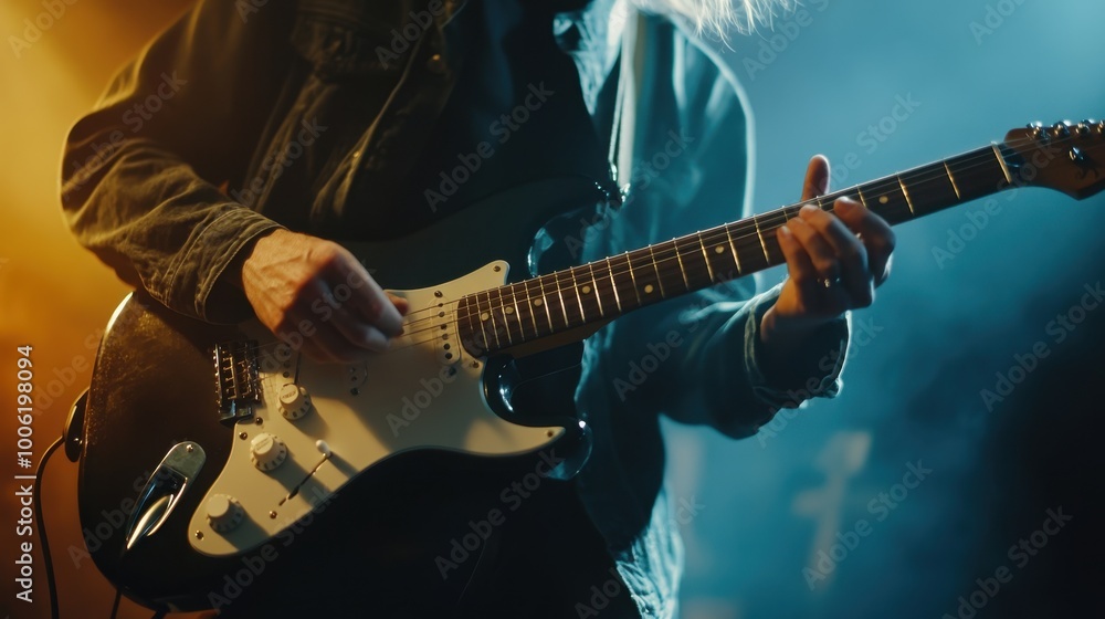 Obraz premium Musician playing guitar studio background soft lighting minimal details