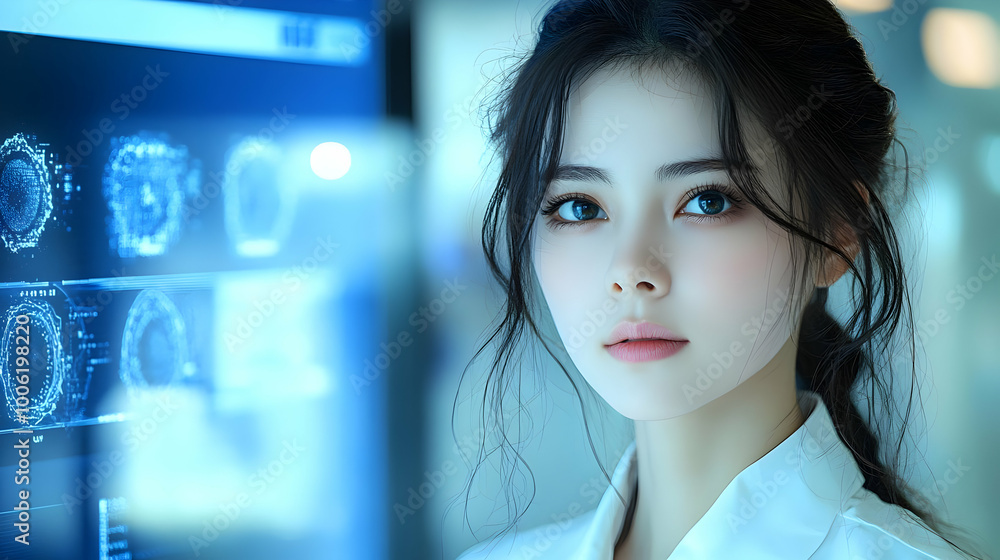 Woman Looking at Screen with Blue Data Woman Looking at Screen with Blue Data