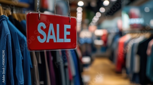 A vibrant clothing store with a prominent red SALE sign hanging from the ceiling, blurred background, showcasing racks of clothes and creating a bustling shopping atmosphere, 