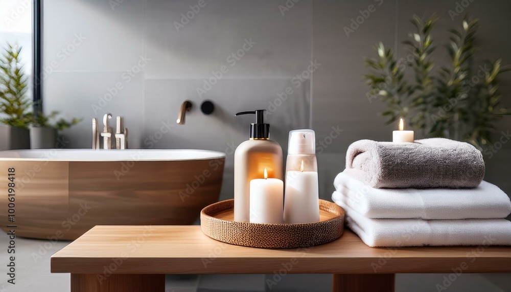 A bright bathroom features a round wooden tray adorned with candles, neatly folded towels, and bottles of shampoo, all placed near a modern bathtub and gray wall A bright bathroom features a round wooden tray adorned with candles, neatly folded towels, and bottles of shampoo, all placed near a modern bathtub and gray wall