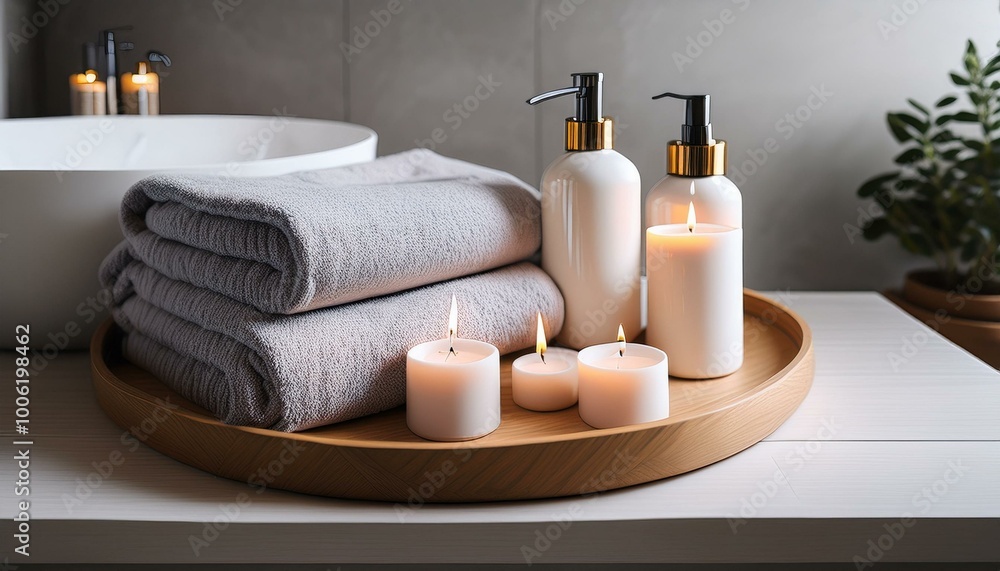 A bright bathroom features a round wooden tray adorned with candles, neatly folded towels, and bottles of shampoo, all placed near a modern bathtub and gray wall A bright bathroom features a round wooden tray adorned with candles, neatly folded towels, and bottles of shampoo, all placed near a modern bathtub and gray wall