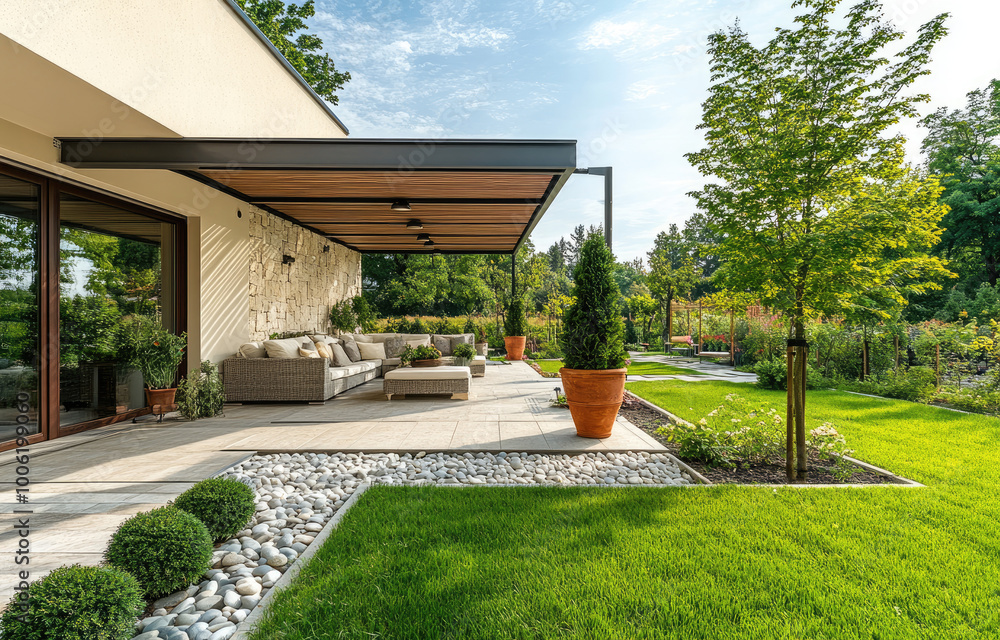 A modern and elegant summer terrace with an outdoor covered area, surrounded by greenery on the right side of the image A modern and elegant summer terrace with an outdoor covered area, surrounded by greenery on the right side of the image