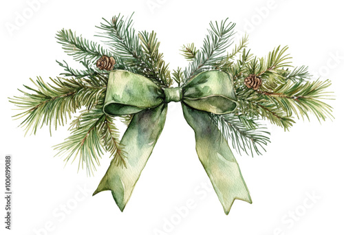 A vibrant watercolor illustration of holiday pine branches adorned with a sof...