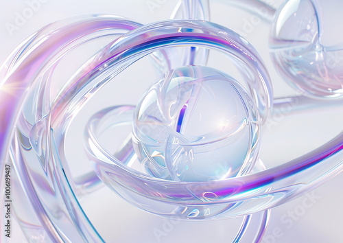 3d rendering of abstract futuristic holographic elements on white background. Abstract shapes with glass and metal wires, transparent sphere ball in the center, light blue and purple colors