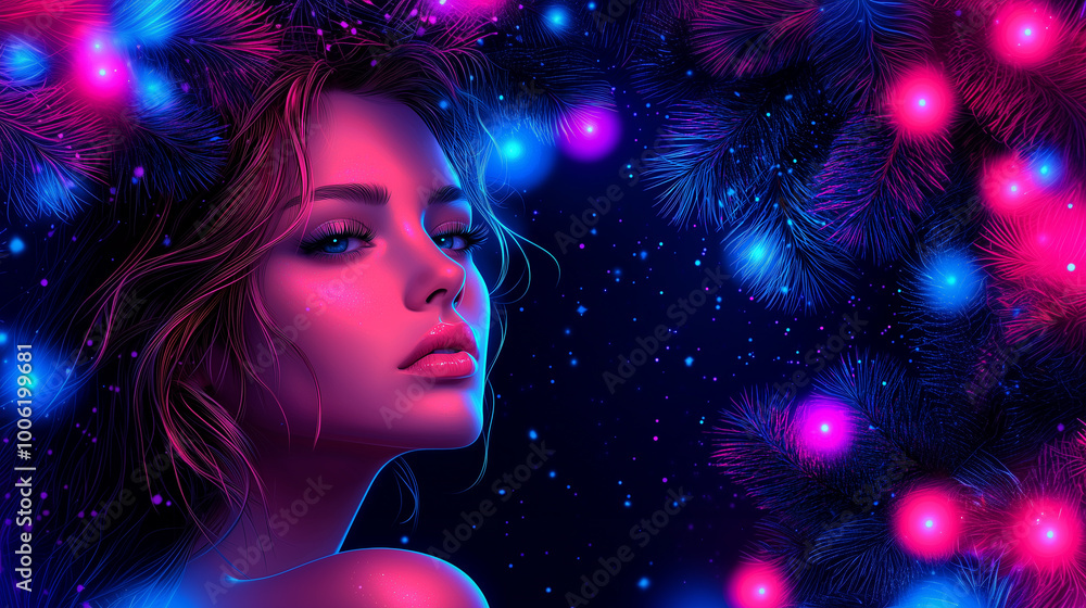 A Young Woman With Glowing Features Poses Against a Dark Background With Colorful Lights A Young Woman With Glowing Features Poses Against a Dark Background With Colorful Lights