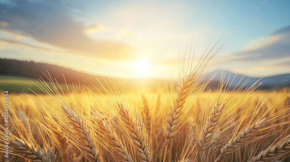 A detailed close-up panoramic view of golden wheat fields gently swaying in the breeze under a clear azure sky during a vibrant sunset. Warm sunlight casts a golden glow over the landscape. A detailed close-up panoramic view of golden wheat fields gently swaying in the breeze under a clear azure sky during a vibrant sunset. Warm sunlight casts a golden glow over the landscape.