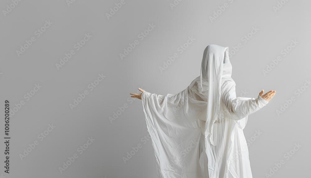 Woman in white ghost costume on light grey background, space for text. Halloween celebration Woman in white ghost costume on light grey background, space for text. Halloween celebration