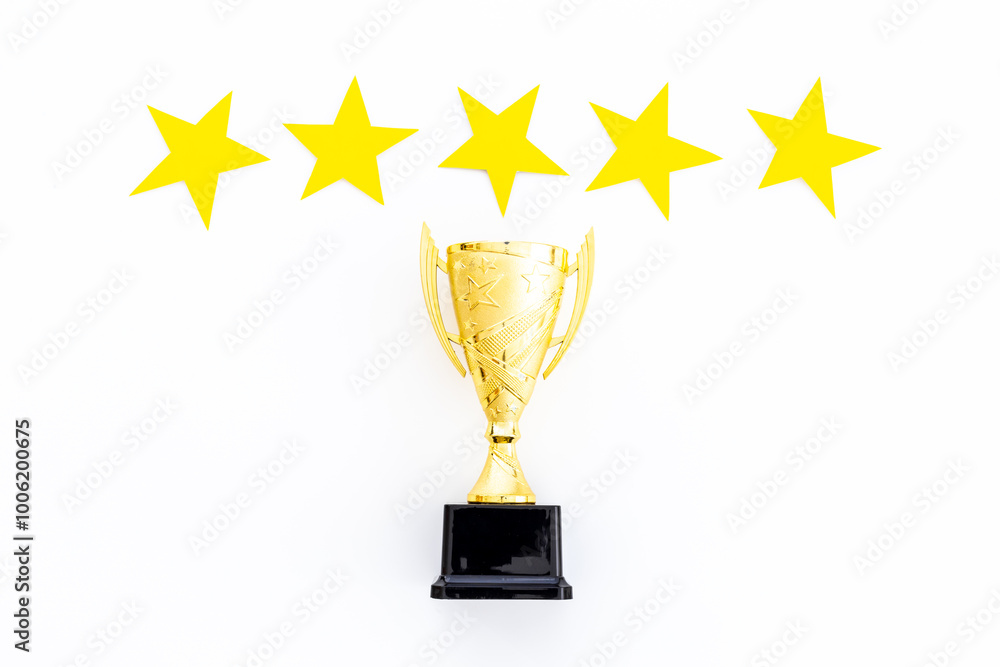 Award golden trophy cup with five stars. Best of the best concept