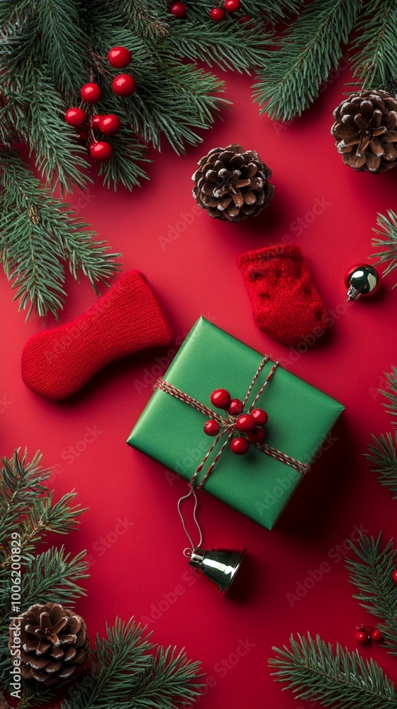 Festive Christmas composition with green wrapped gift, red stocking, pine branches, berries, and pinecones on vibrant red background, evoking holiday cheer. Festive Christmas composition with green wrapped gift, red stocking, pine branches, berries, and pinecones on vibrant red background, evoking holiday cheer.