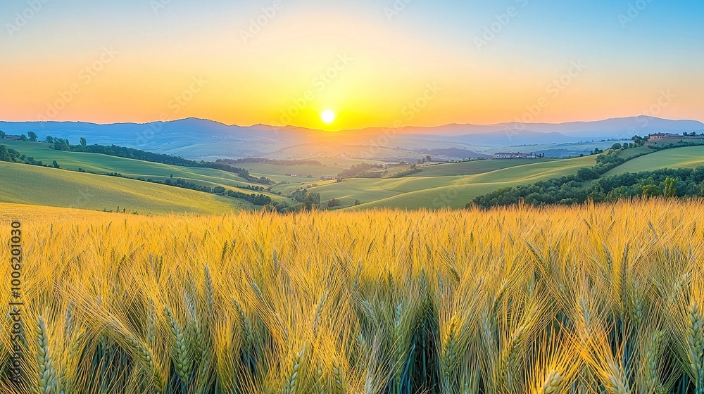 A detailed close-up panoramic view of golden wheat fields gently swaying in the breeze under a clear azure sky during a vibrant sunset. Warm sunlight casts a golden glow over the landscape. A detailed close-up panoramic view of golden wheat fields gently swaying in the breeze under a clear azure sky during a vibrant sunset. Warm sunlight casts a golden glow over the landscape.
