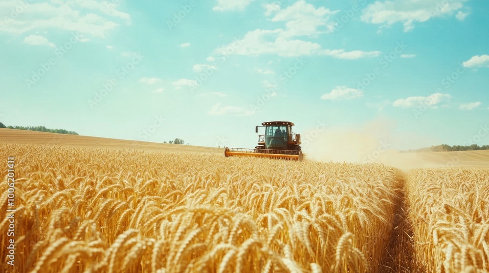 Fototapeta premium Farmer harvesting wheat in field, bright day, clean background, minimal elements, copy space