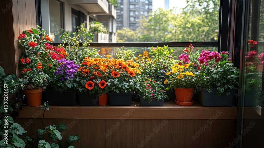 Fototapeta premium Colorful Flowers on Balcony Windowsill