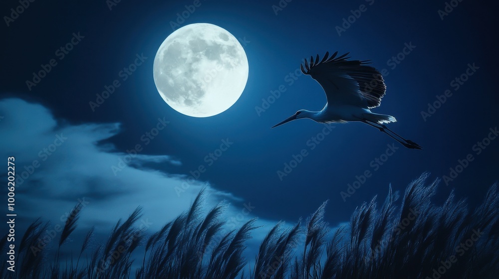 Fototapeta premium A majestic stork in flight across a full moonlit sky, with pampas grass softly blowing in the night breeze.